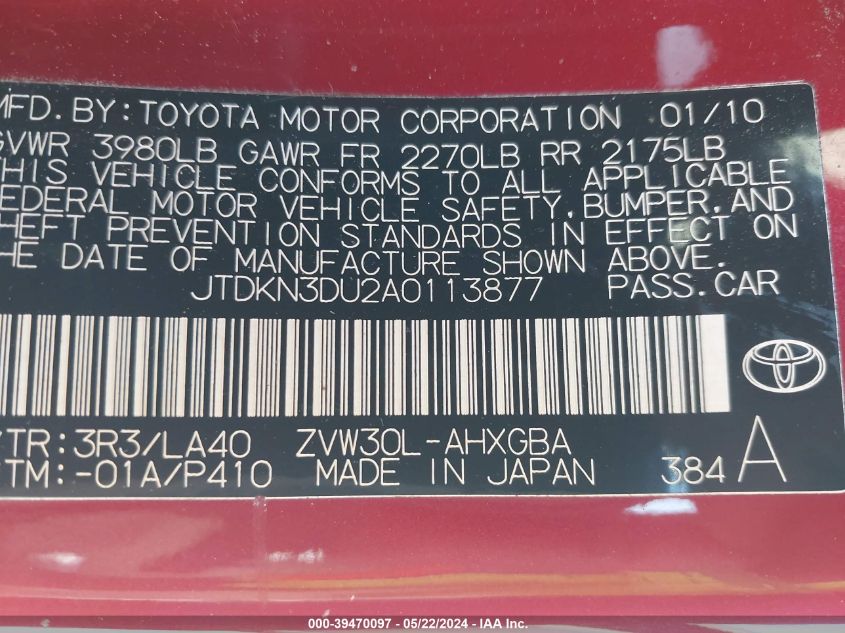 2010 Toyota Prius Iv VIN: JTDKN3DU2A0113877 Lot: 39470097