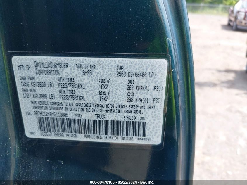 2000 Dodge Ram 1500 St VIN: 3B7HC12Y0YG113005 Lot: 39470105