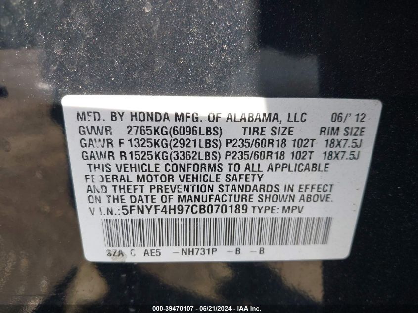2012 Honda Pilot Touring VIN: 5FNYF4H97CB070189 Lot: 39470107