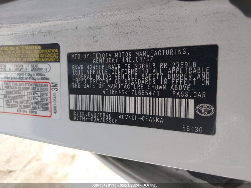 2007 Toyota Camry Le VIN: 4T1BE46K17U655471 Lot: 39470113