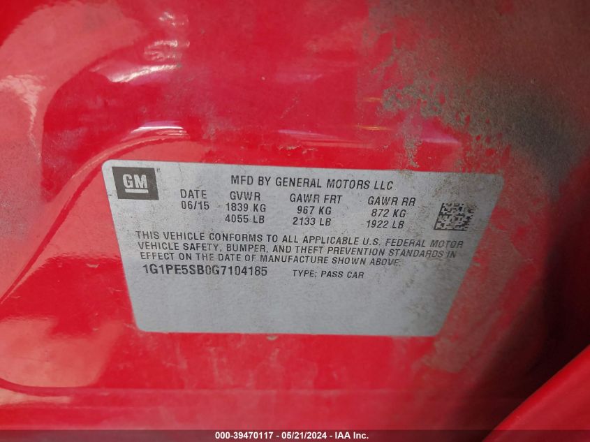 2016 Chevrolet Cruze Limited 1Lt Auto VIN: 1G1PE5SB0G7104185 Lot: 39470117