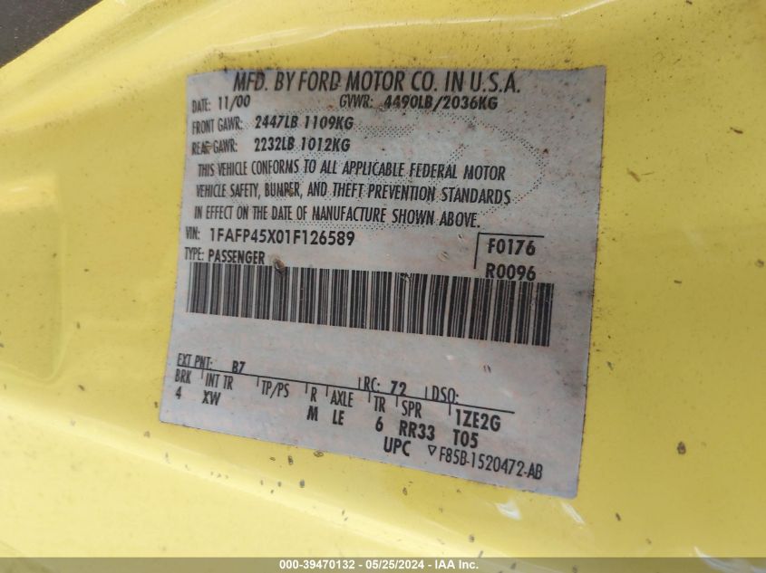 2001 Ford Mustang Gt VIN: 1FAFP45X01F126589 Lot: 39470132