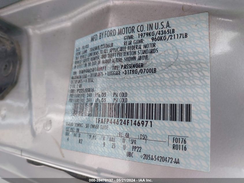 2004 Ford Mustang VIN: 1FAFP44624F146971 Lot: 39470137