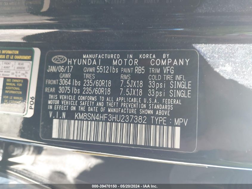 2017 Hyundai Santa Fe Se VIN: KM8SN4HF3HU237382 Lot: 39470150