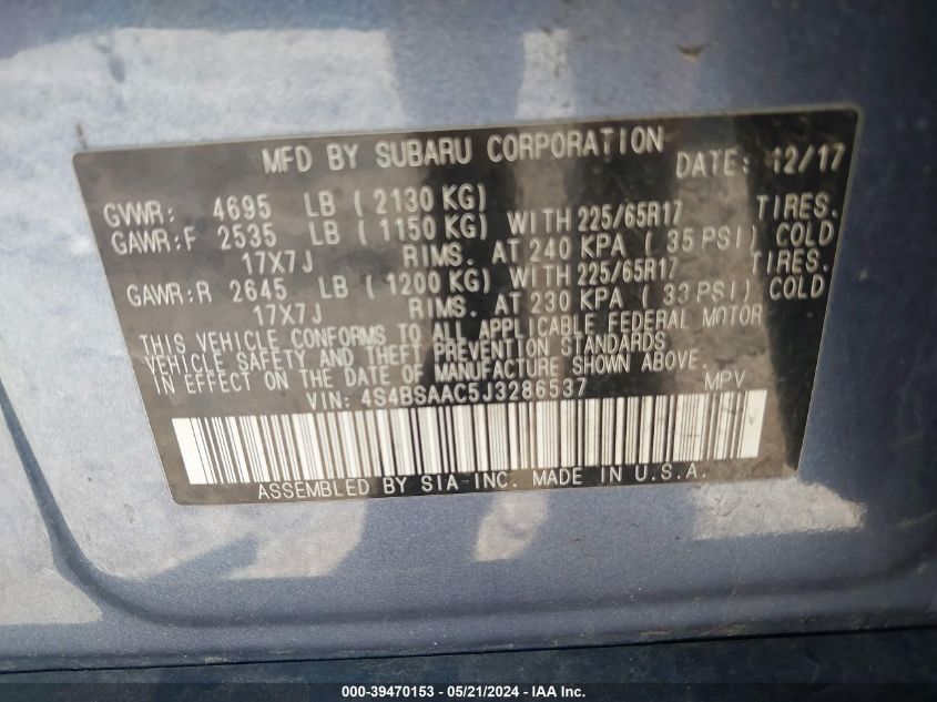 2018 Subaru Outback 2.5I VIN: 4S4BSAAC5J3286537 Lot: 39470153