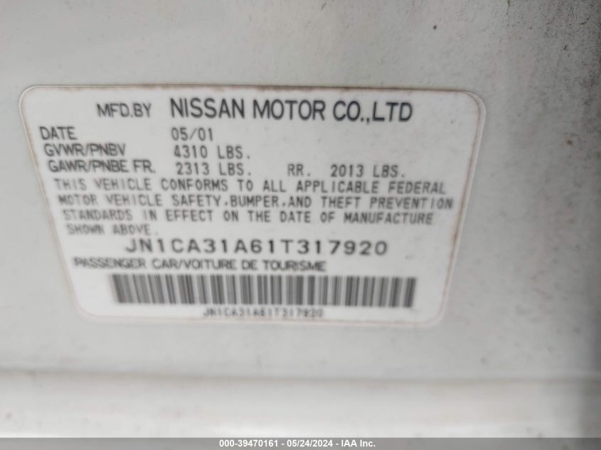 2001 Nissan Maxima Gle VIN: JN1CA31A61T317920 Lot: 39470161