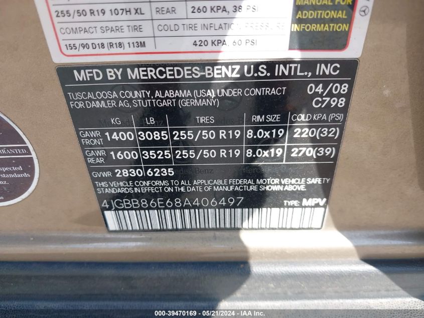 2008 Mercedes-Benz Ml 350 4Matic VIN: 4JGBB86E68A406497 Lot: 41220761