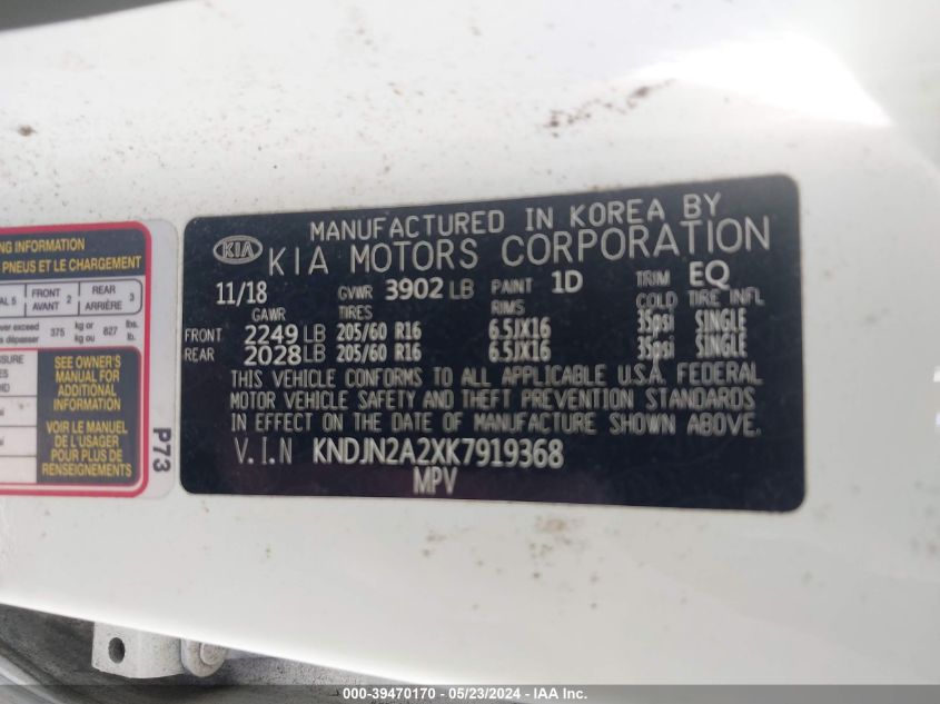 2019 Kia Soul VIN: KNDJN2A2XK7919368 Lot: 39470170