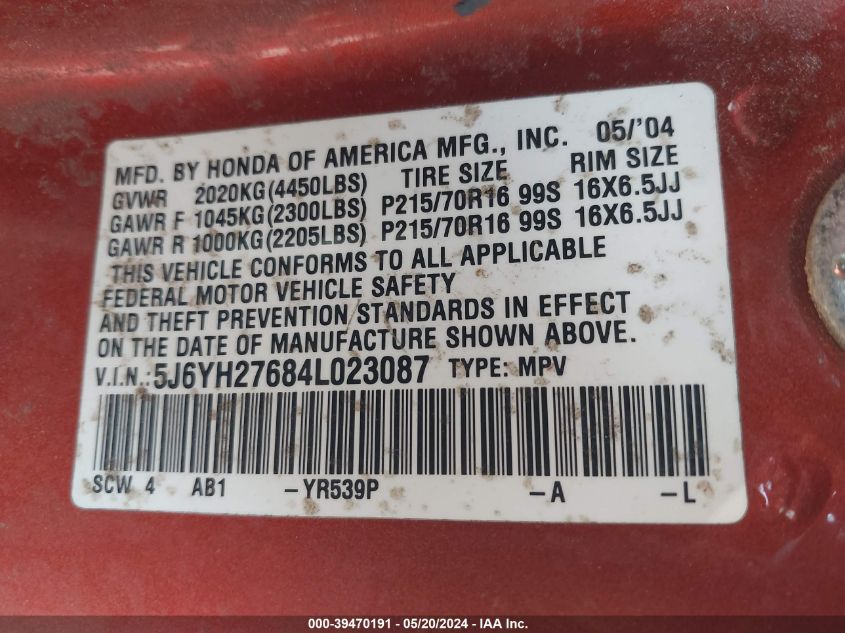 2004 Honda Element Ex VIN: 5J6YH27684L023087 Lot: 39470191