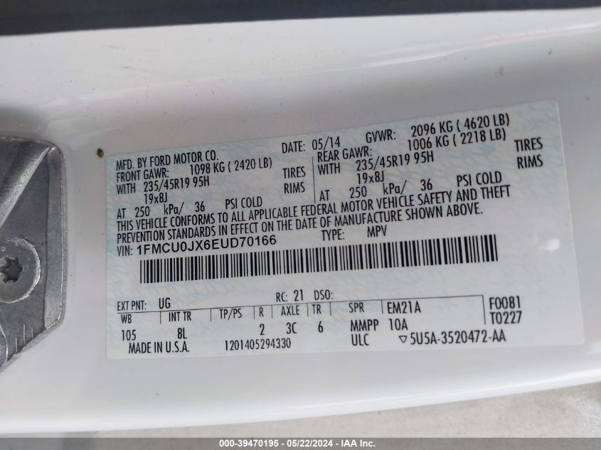 2014 Ford Escape Titanium VIN: 1FMCU0JX6EUD70166 Lot: 39470195