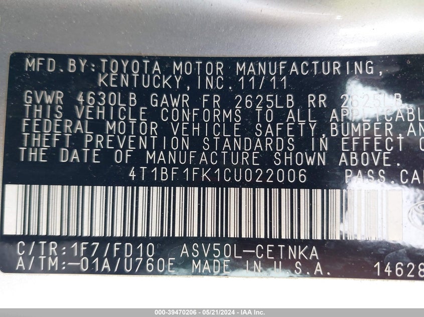 2012 Toyota Camry Le VIN: 4T1BF1FK1CU022006 Lot: 39470206