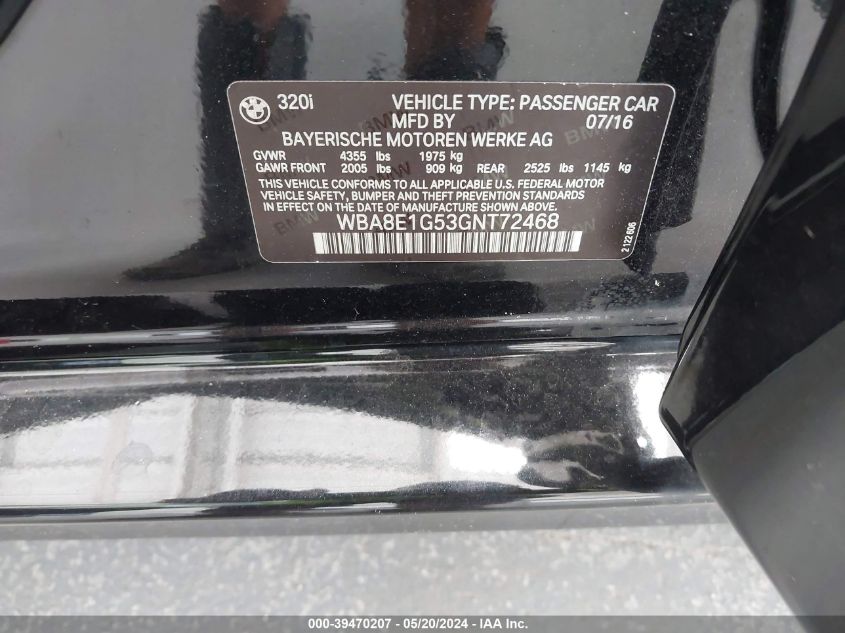 2016 BMW 320I VIN: WBA8E1G53GNT72468 Lot: 39470207