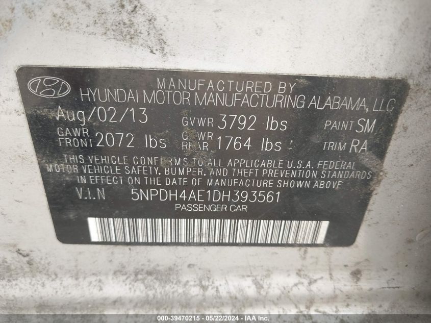 2013 Hyundai Elantra Gls VIN: 5NPDH4AE1DH393561 Lot: 39470215