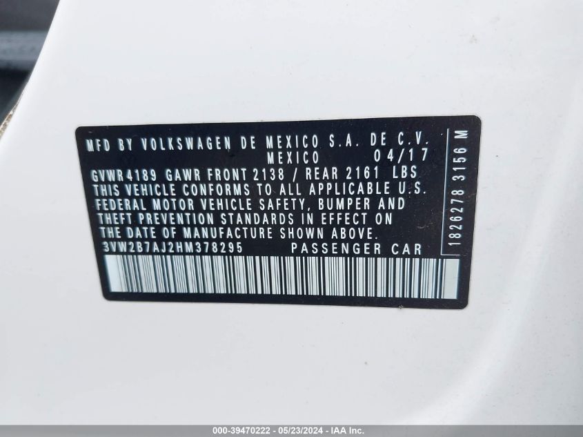2017 Volkswagen Jetta 1.4T S VIN: 3VW2B7AJ2HM378295 Lot: 39470222