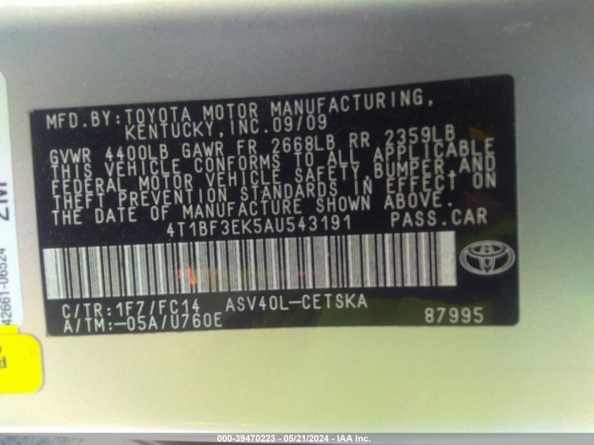 2010 Toyota Camry Se VIN: 4T1BF3EK5AU543191 Lot: 39470223