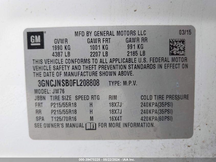 2015 Chevrolet Trax Ltz VIN: 3GNCJNSB0FL208808 Lot: 39470225