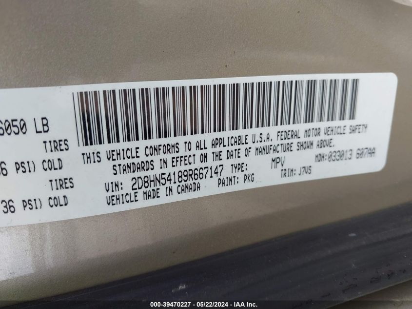 2009 Dodge Grand Caravan Sxt VIN: 2D8HN54189R667147 Lot: 39470227