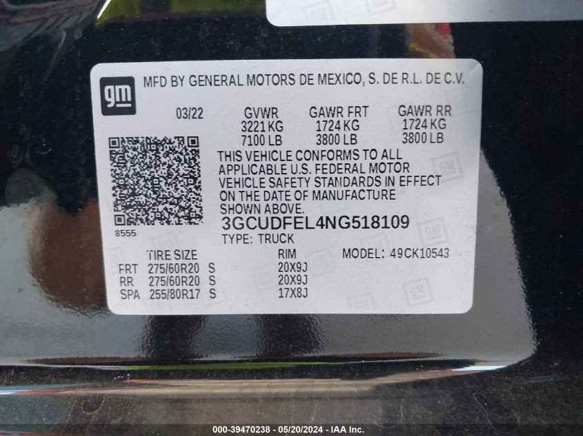 2022 Chevrolet Silverado 1500 4Wd Short Bed Lt Trail Boss VIN: 3GCUDFEL4NG518109 Lot: 39470238