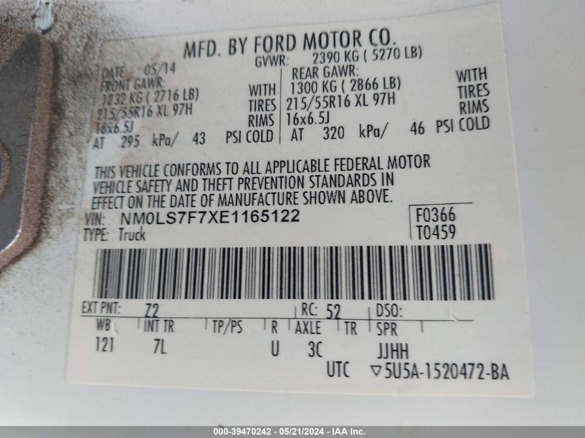 2014 Ford Transit Connect Xlt VIN: NM0LS7F7XE1165122 Lot: 39470242