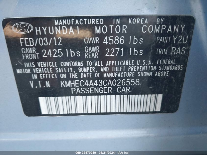 2012 Hyundai Sonata Hybrid VIN: KMHEC4A43CA026558 Lot: 39470249