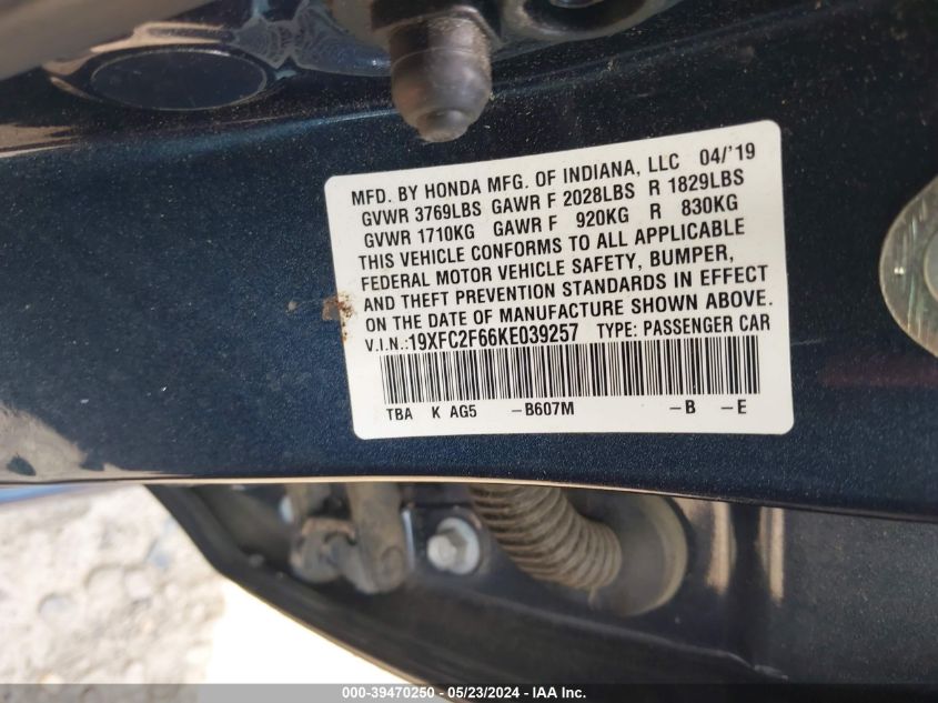2019 Honda Civic Lx VIN: 19XFC2F66KE039257 Lot: 39470250