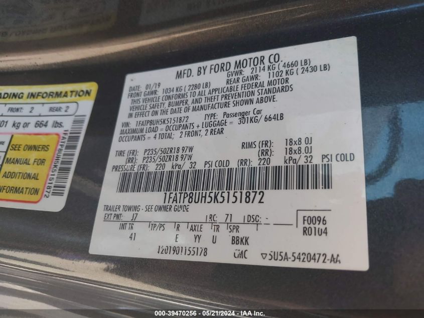 2019 Ford Mustang Ecoboost Premium VIN: 1FATP8UH5K5151872 Lot: 39470256
