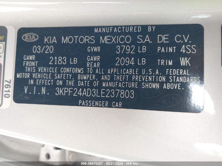 2020 Kia Forte Lxs VIN: 3KPF24AD3LE237803 Lot: 39470257