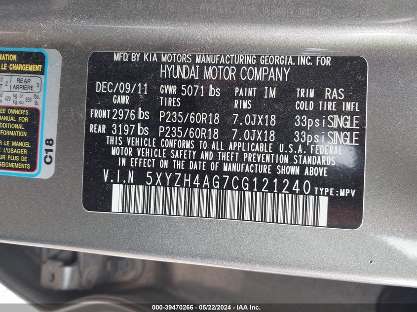 2012 Hyundai Santa Fe Se VIN: 5XYZH4AG7CG121240 Lot: 39470266