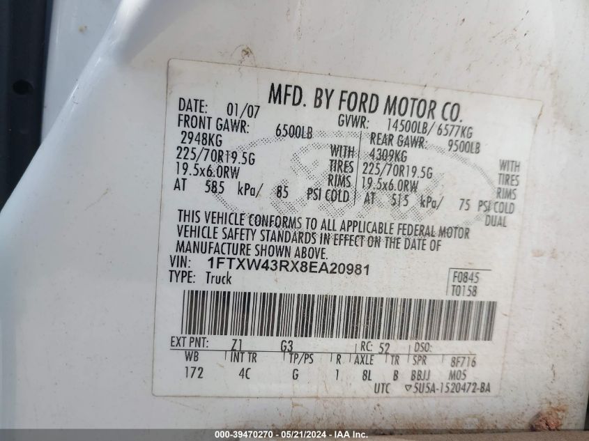 2008 Ford F-450 King Ranch/Lariat/Xl/Xlt VIN: 1FTXW43RX8EA20981 Lot: 39470270