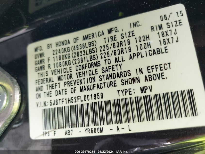 2015 Honda Crosstour Ex-L V6 VIN: 5J6TF1H52FL001959 Lot: 39470281