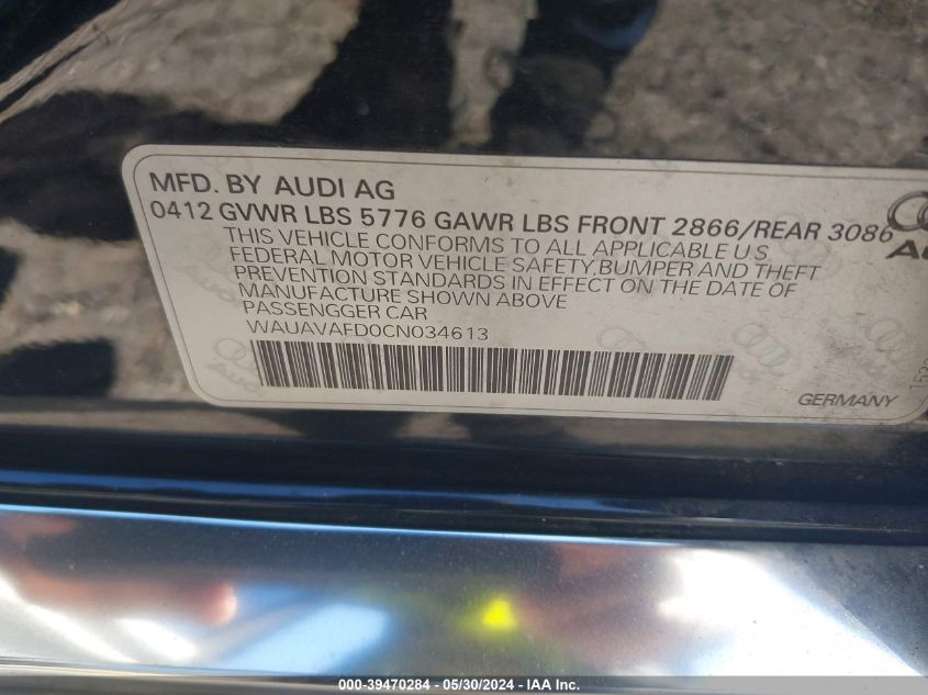 2012 Audi A8 4.2 VIN: WAUAVAFD0CN034613 Lot: 39470284