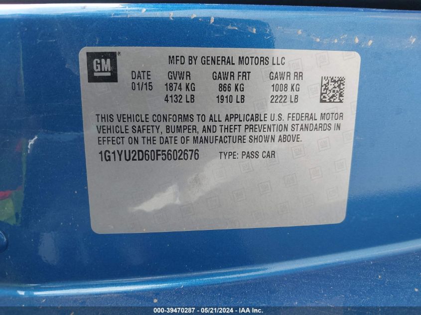 2015 Chevrolet Corvette Z06 VIN: 1G1YU2D60F5602676 Lot: 39470287