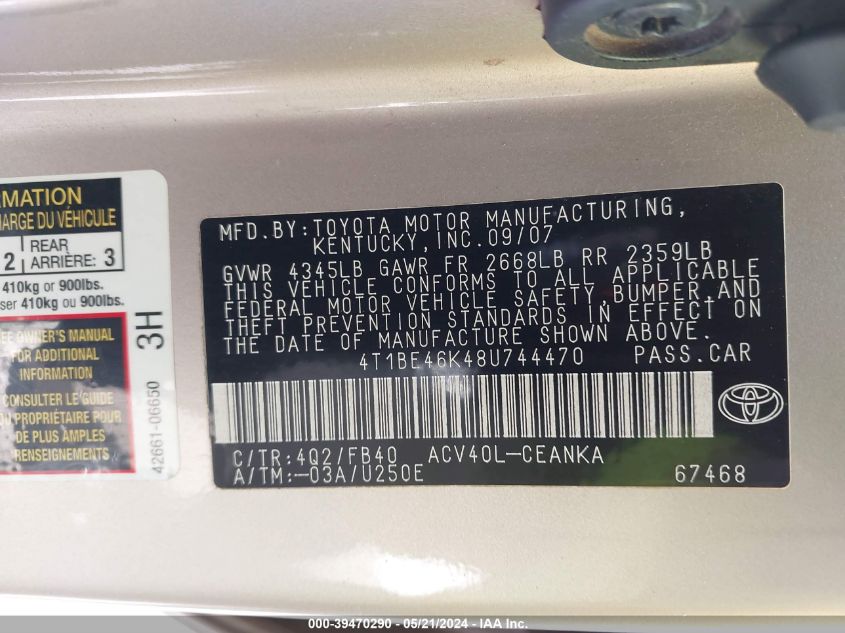 2008 Toyota Camry Le VIN: 4T1BE46K48U744470 Lot: 39470290