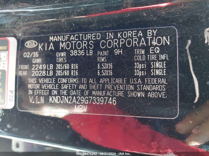 2016 Kia Soul VIN: KNDJN2A29G7339746 Lot: 39470292