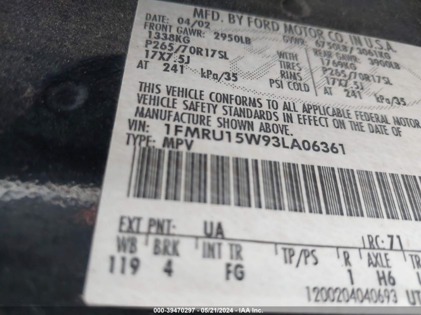 2003 Ford Expedition Xlt VIN: 1FMRU15W93LA06361 Lot: 39470297