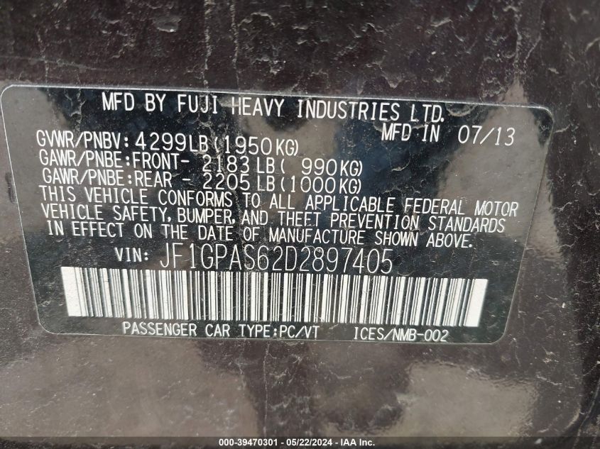 2013 Subaru Impreza 2.0I Sport Limited VIN: JF1GPAS62D2897405 Lot: 39470301