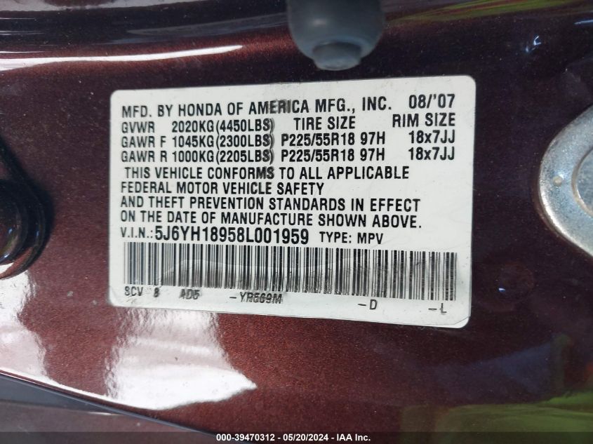 2008 Honda Element Sc VIN: 5J6YH18958L001959 Lot: 39470312