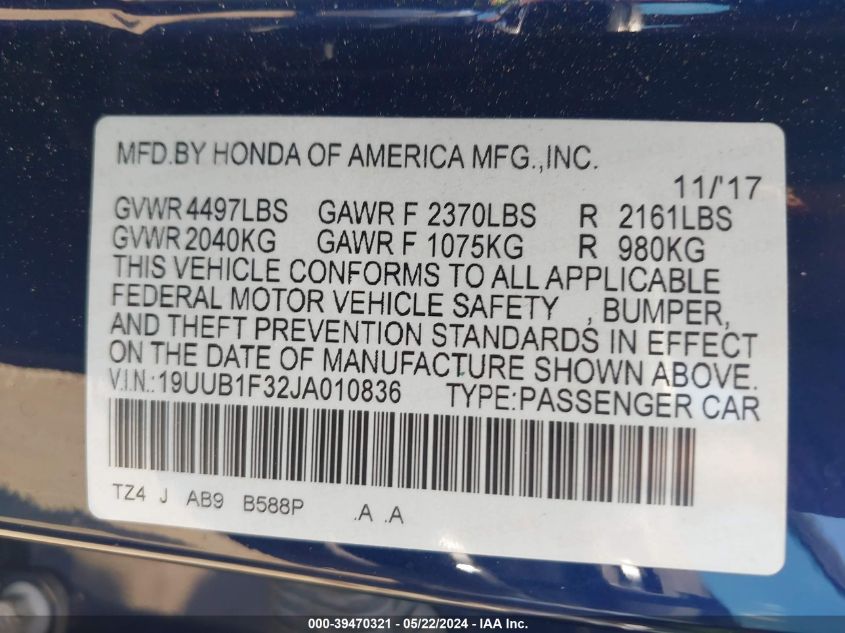 2018 Acura Tlx VIN: 19UUB1F32JA010836 Lot: 39470321