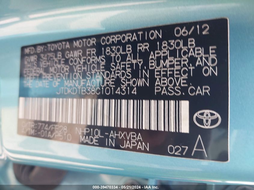 2012 Toyota Prius C One VIN: JTDKDTB38C1014314 Lot: 39470334