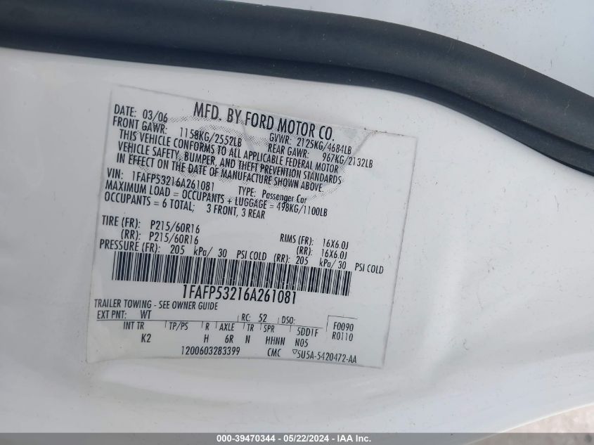2006 Ford Taurus Se VIN: 1FAFP53216A261081 Lot: 39470344