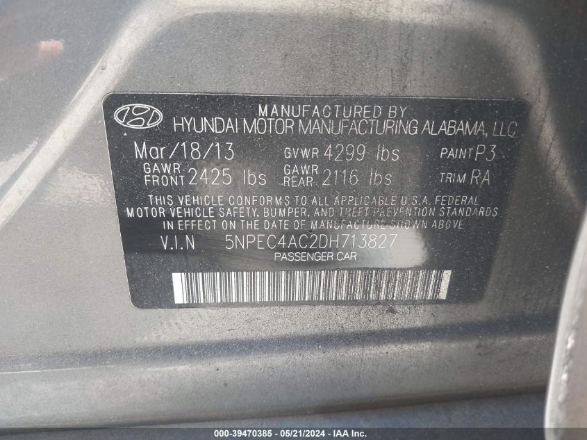 2013 Hyundai Sonata Se VIN: 5NPEC4AC2DH713827 Lot: 39470385