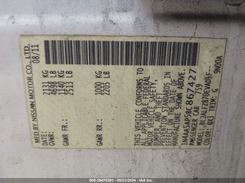 2011 Nissan Maxima 3.5 Sv VIN: 1N4AA5AP5BC867427 Lot: 39470391