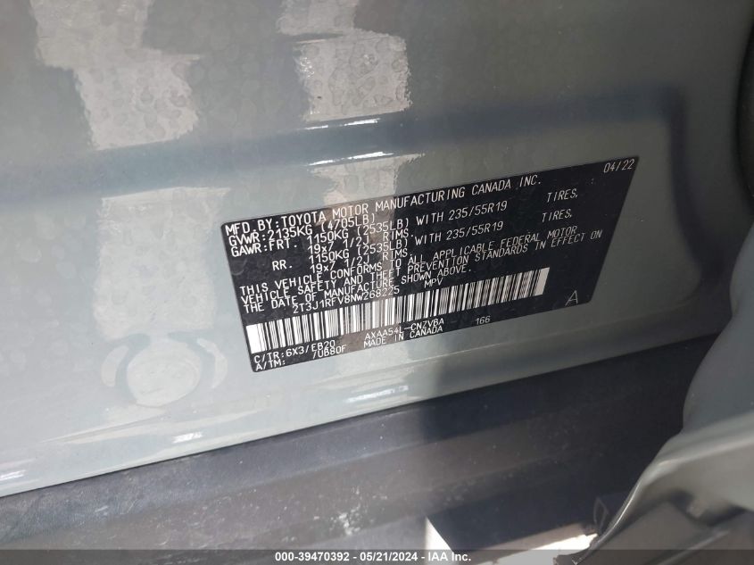 2022 Toyota Rav4 Adventure VIN: 2T3J1RFV8NW268225 Lot: 39470392