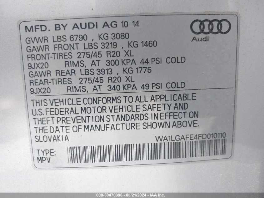 2015 Audi Q7 Premium Plus VIN: WA1LGAFE4FD010110 Lot: 39470395