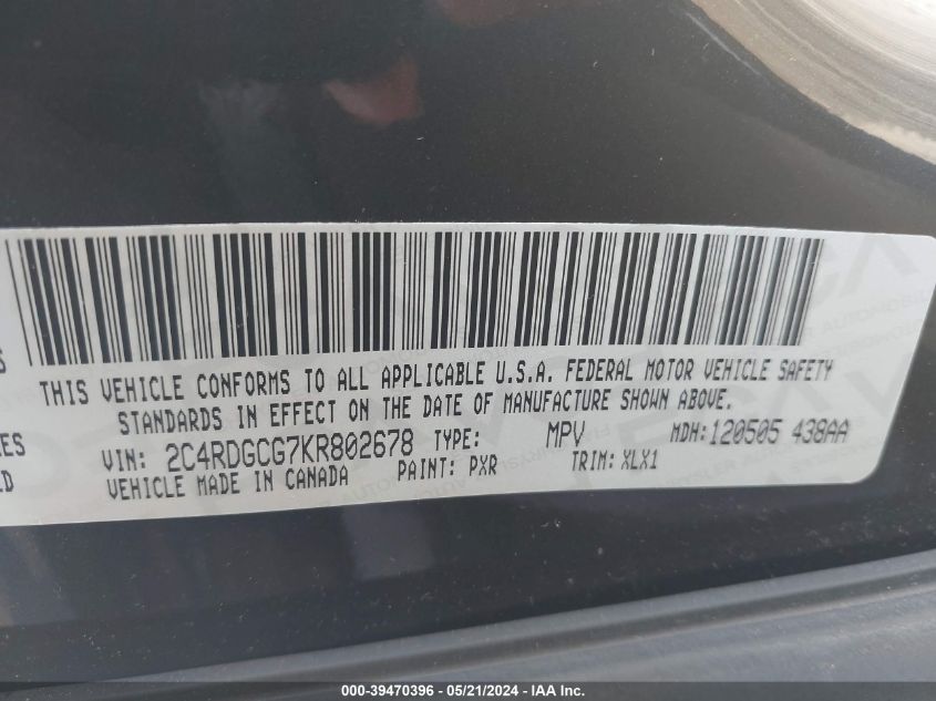 2019 Dodge Grand Caravan Sxt VIN: 2C4RDGCG7KR802678 Lot: 39470396