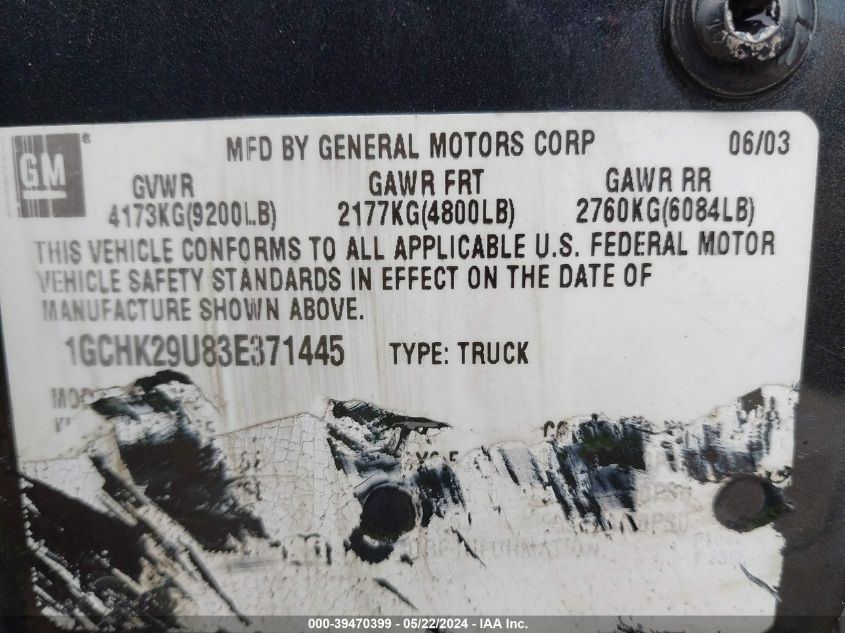 2003 Chevrolet Silverado 2500Hd Ls VIN: 1GCHK29U83E371445 Lot: 39470399