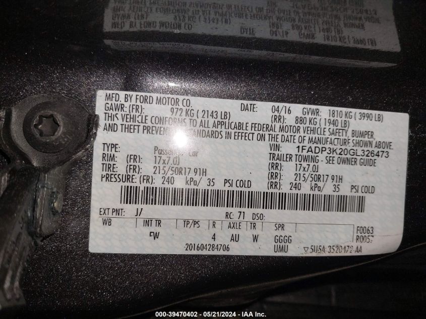 2016 Ford Focus Se VIN: 1FADP3K20GL326473 Lot: 39470402