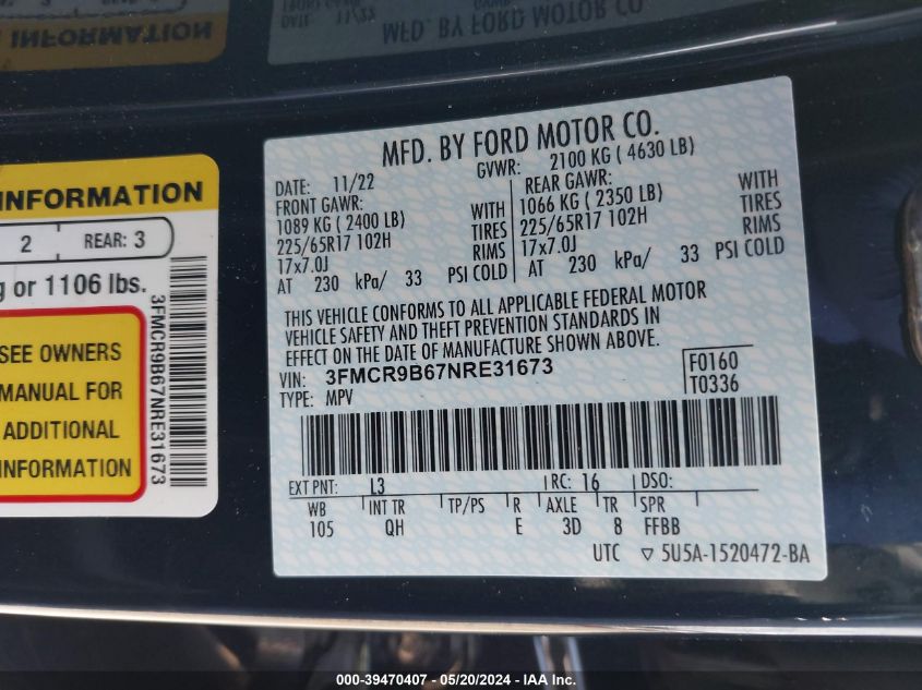 2022 Ford Bronco Sport Big Bend VIN: 3FMCR9B67NRE31673 Lot: 39470407