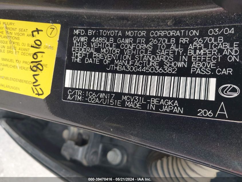 2004 Lexus Es 330 VIN: JTHBA30G445036382 Lot: 39470416