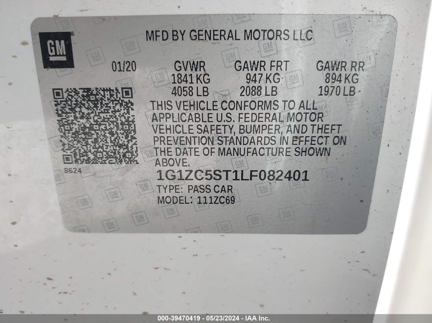 2020 Chevrolet Malibu Fwd 1Fl VIN: 1G1ZC5ST1LF082401 Lot: 39470419